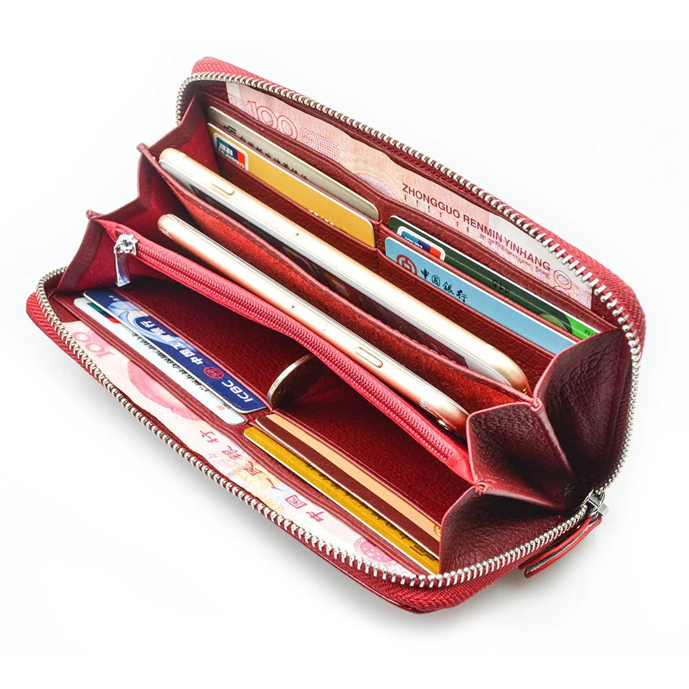 HH Genuine Leather Women Wallets Luxury Brand High Quality Fashion Girls Purse Card Holder New Design Long Wristlet Clutch