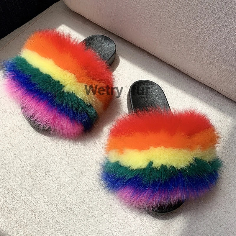 2020 Kids Real Fox Slippers Raccoon Slides Chinelos Menina Slippers Toddler Baby Girls Shoes fox fur slides fur slides for kids