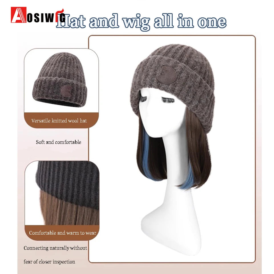 Off White Hat Wig Beanies Hat With Hair Wigs For Women Synthetic Short Straight Hair Warm Ski Plush Knitted Autumn Winter Cap W