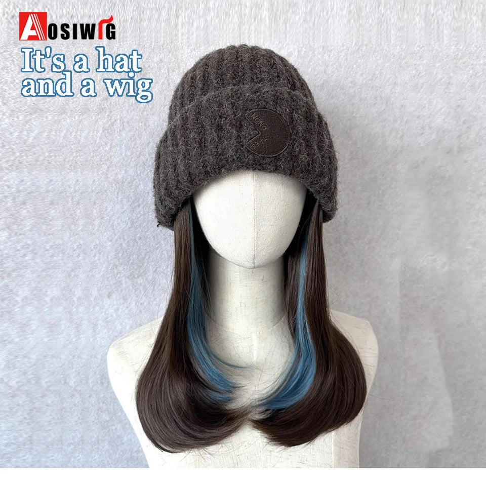 Off White Hat Wig Beanies Hat With Hair Wigs For Women Synthetic Short Straight Hair Warm Ski Plush Knitted Autumn Winter Cap W
