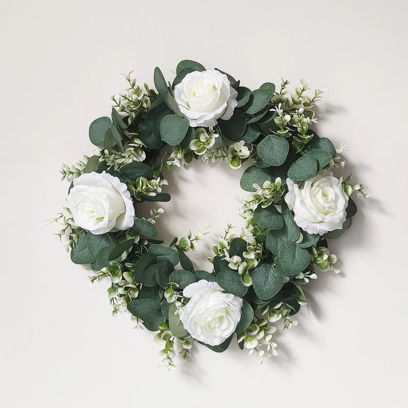 White Hydrangea Green Leaves Eucalyptus Garland Home Decor Artificial Flower Wreath For Wedding Decoration Christmas Ornament