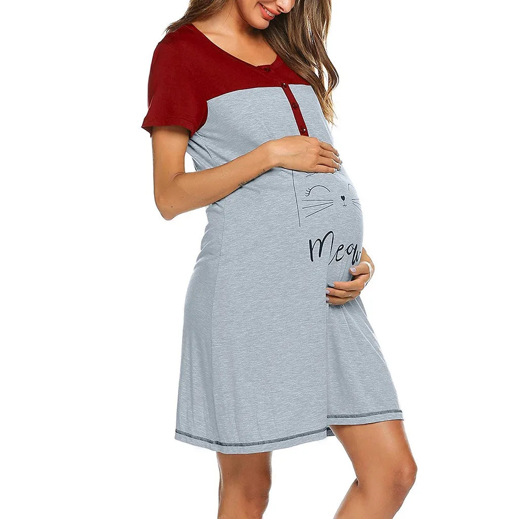 Pregnancy Pajamas Women Maternity Short Sleeve Cute Print Nursing Nightdress Breastfeeding Dress женское платье Telotuny #L