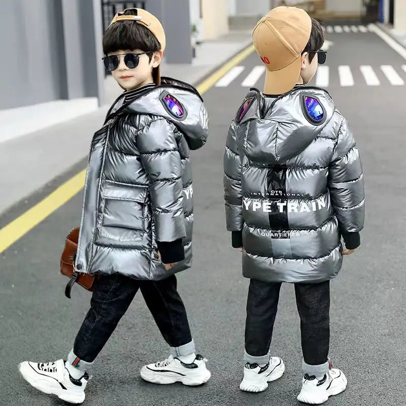 Boys Jacket New Winter Warm Cotton Down Parker Children Glasses Hooded Jacket Coat Length Handsome Kids Bright Clothing HPY203