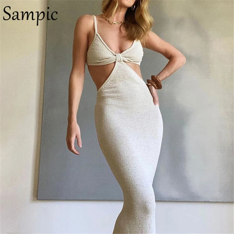 Sampic Women Summer Strap Hollow Out Sexy Long Party Bodycon Dress Maxi Ladies V Neck Backless Night Club Cut Out Wrap Dress