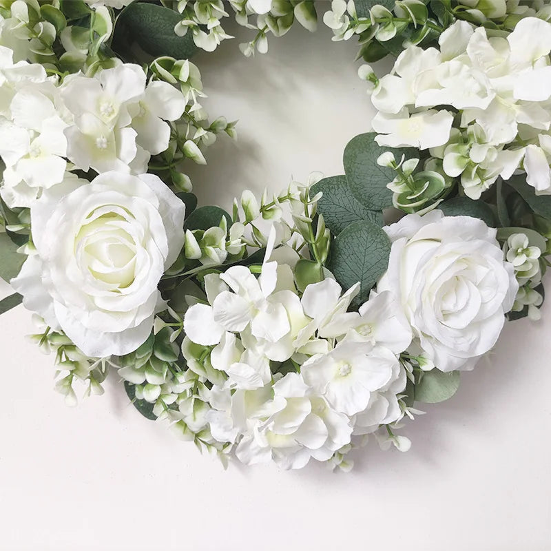 White Hydrangea Green Leaves Eucalyptus Garland Home Decor Artificial Flower Wreath For Wedding Decoration Christmas Ornament