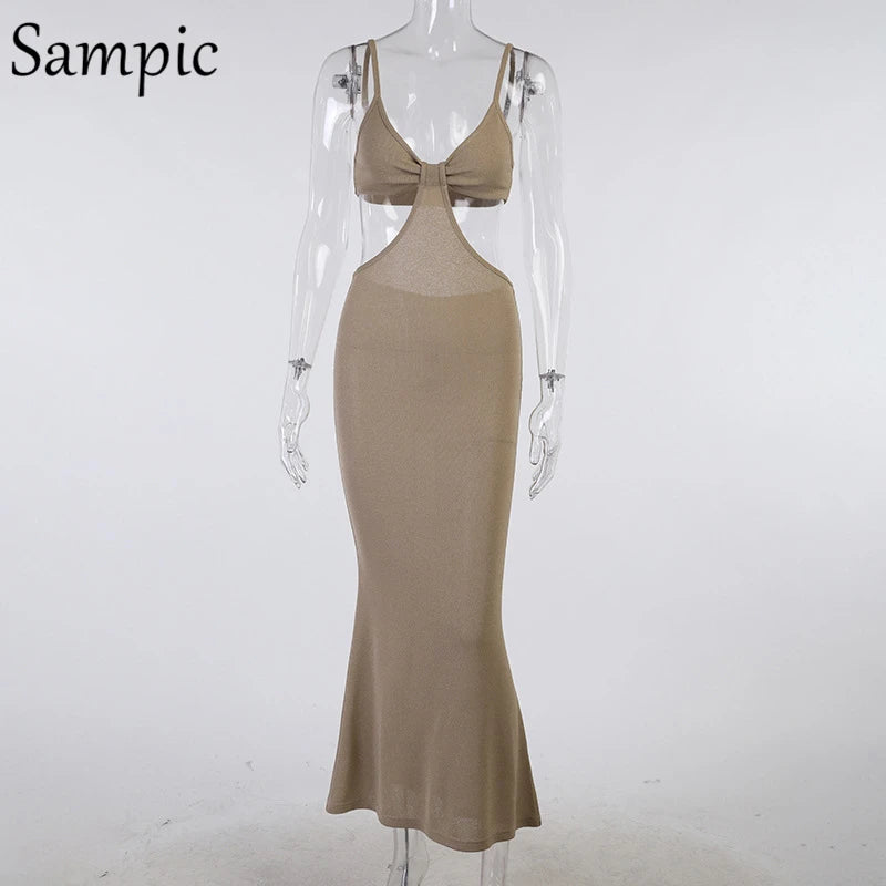 Sampic Women Summer Strap Hollow Out Sexy Long Party Bodycon Dress Maxi Ladies V Neck Backless Night Club Cut Out Wrap Dress