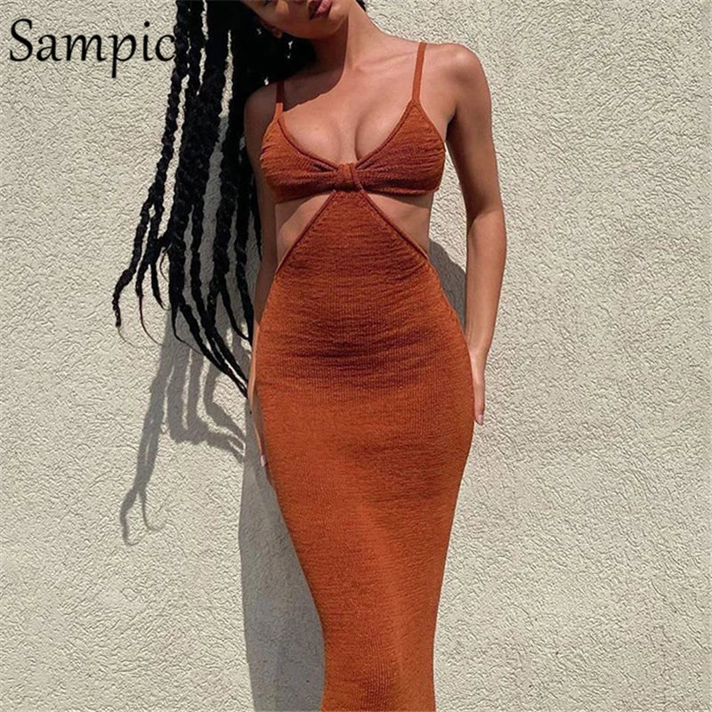 Sampic Women Summer Strap Hollow Out Sexy Long Party Bodycon Dress Maxi Ladies V Neck Backless Night Club Cut Out Wrap Dress