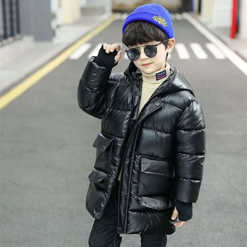 Boys Jacket New Winter Warm Cotton Down Parker Children Glasses Hooded Jacket Coat Length Handsome Kids Bright Clothing HPY203