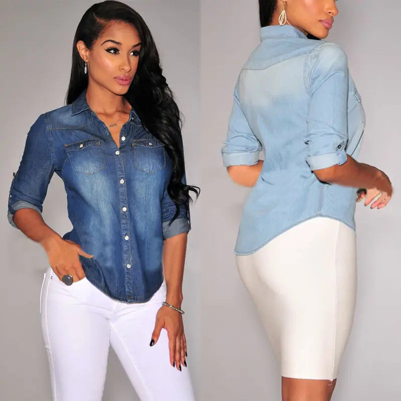 Women Casual Soft Denim Long Sleeve Button Shirt Tops Blouse with Pockets 2021 Summer Fashion Clothing Femenino Camisas De Mujer