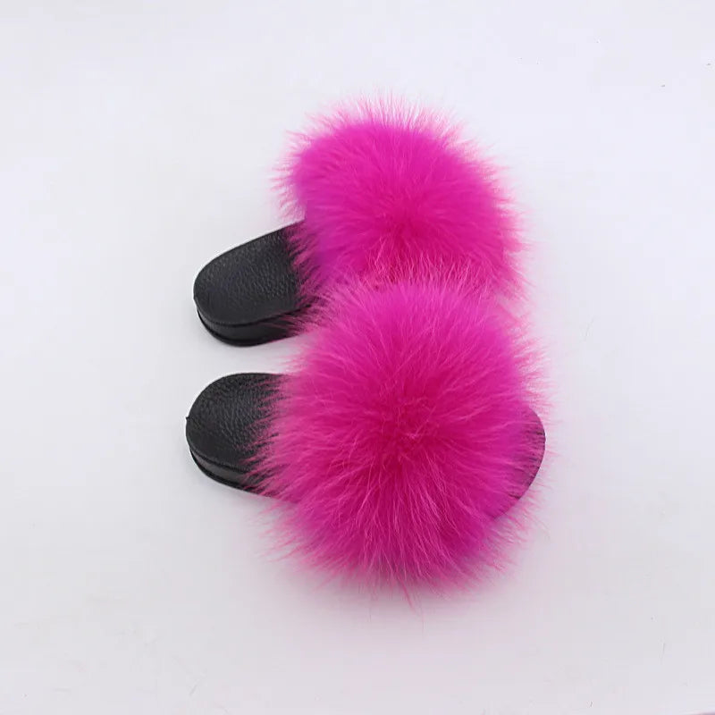 2020  Kids Real Fox Slippers Raccoon Slides Chinelos Menina Slippers Toddler Baby Girls Shoes fox fur slides fur slides for kids