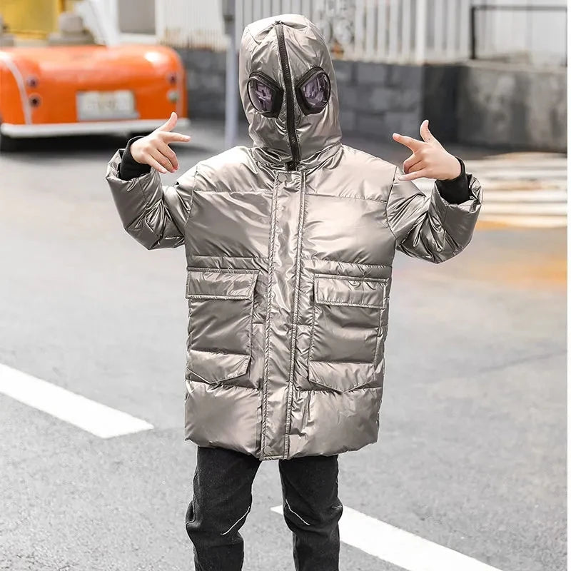 Boys Jacket New Winter Warm Cotton Down Parker Children Glasses Hooded Jacket Coat Length Handsome Kids Bright Clothing HPY203