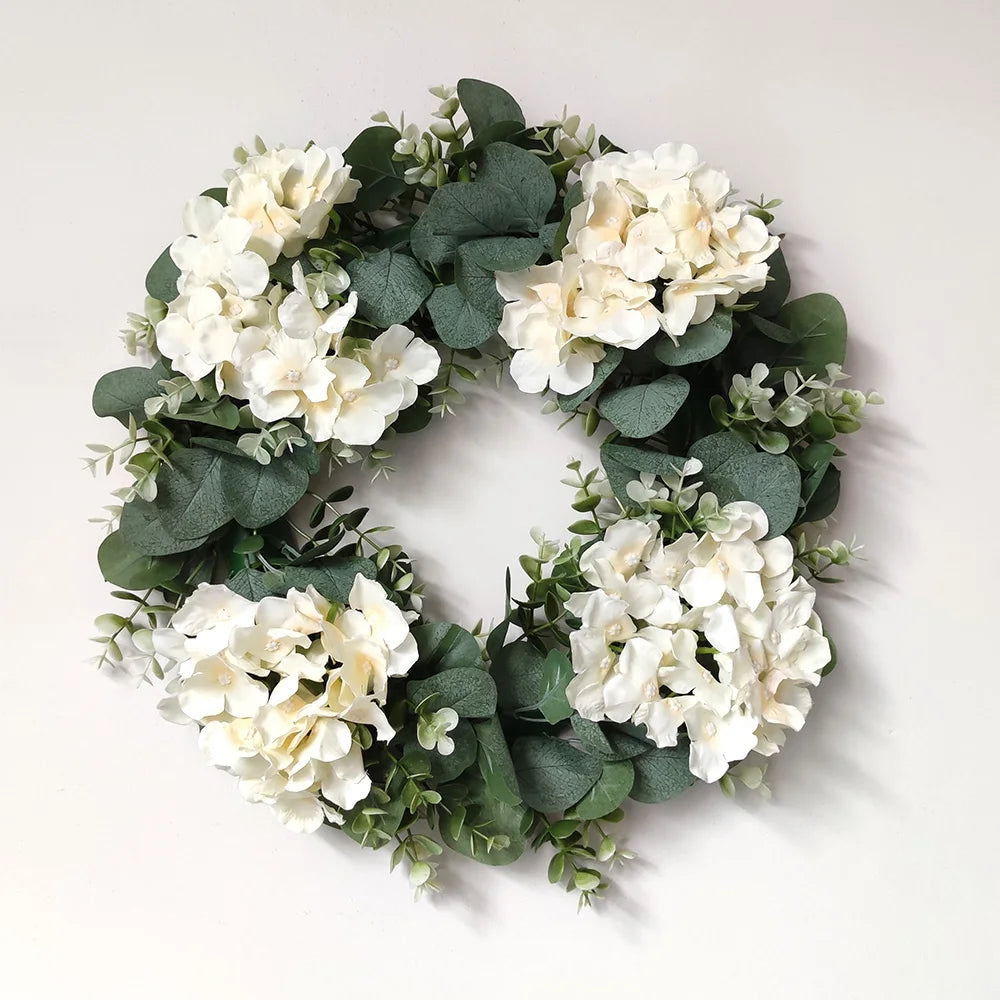 White Hydrangea Green Leaves Eucalyptus Garland Home Decor Artificial Flower Wreath For Wedding Decoration Christmas Ornament