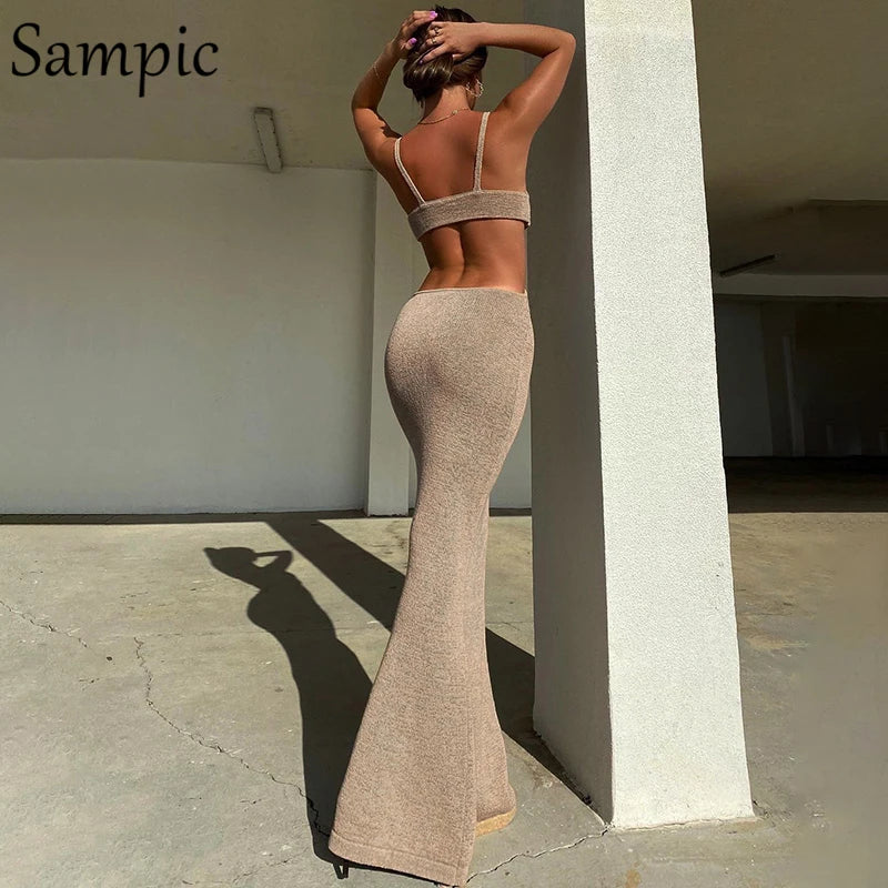 Sampic Women Summer Strap Hollow Out Sexy Long Party Bodycon Dress Maxi Ladies V Neck Backless Night Club Cut Out Wrap Dress