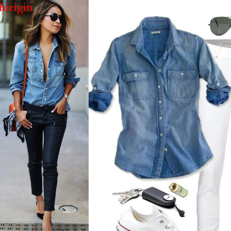 Women Casual Soft Denim Long Sleeve Button Shirt Tops Blouse with Pockets 2021 Summer Fashion Clothing Femenino Camisas De Mujer