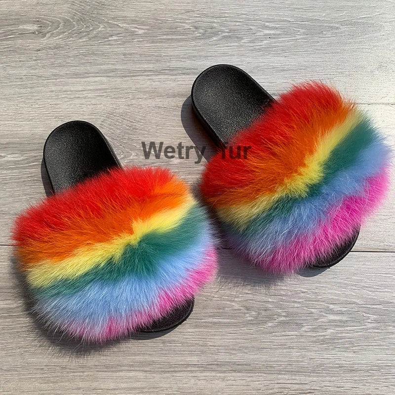 2020  Kids Real Fox Slippers Raccoon Slides Chinelos Menina Slippers Toddler Baby Girls Shoes fox fur slides fur slides for kids