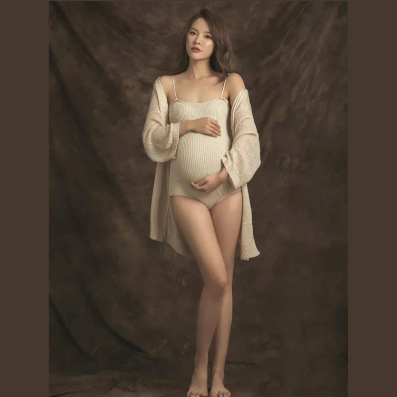 Sexy Maternity Bodysuits & Robe Set Knitted Spaghetti Stretchy Maternity Photography Bodysuits Pregnancy Photo Shoot Jumpsuits