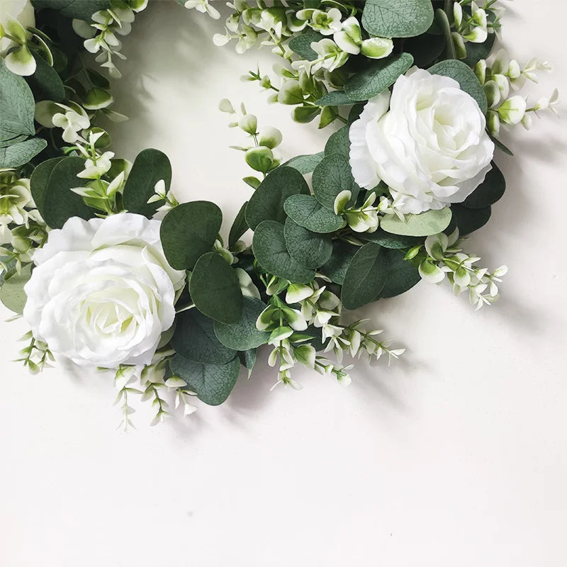 White Hydrangea Green Leaves Eucalyptus Garland Home Decor Artificial Flower Wreath For Wedding Decoration Christmas Ornament