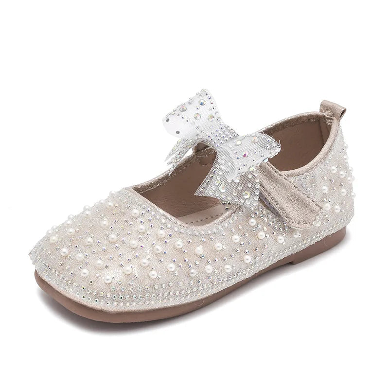 Spring New Girls Single Princess Shoes Pearl Shallow Children's Comfortable Flat Shoes Kid Baby Rhinestone Bowknot Shoes B207