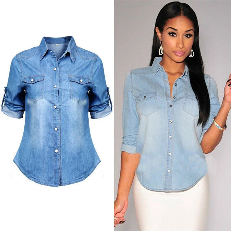 Women Casual Soft Denim Long Sleeve Button Shirt Tops Blouse with Pockets 2021 Summer Fashion Clothing Femenino Camisas De Mujer