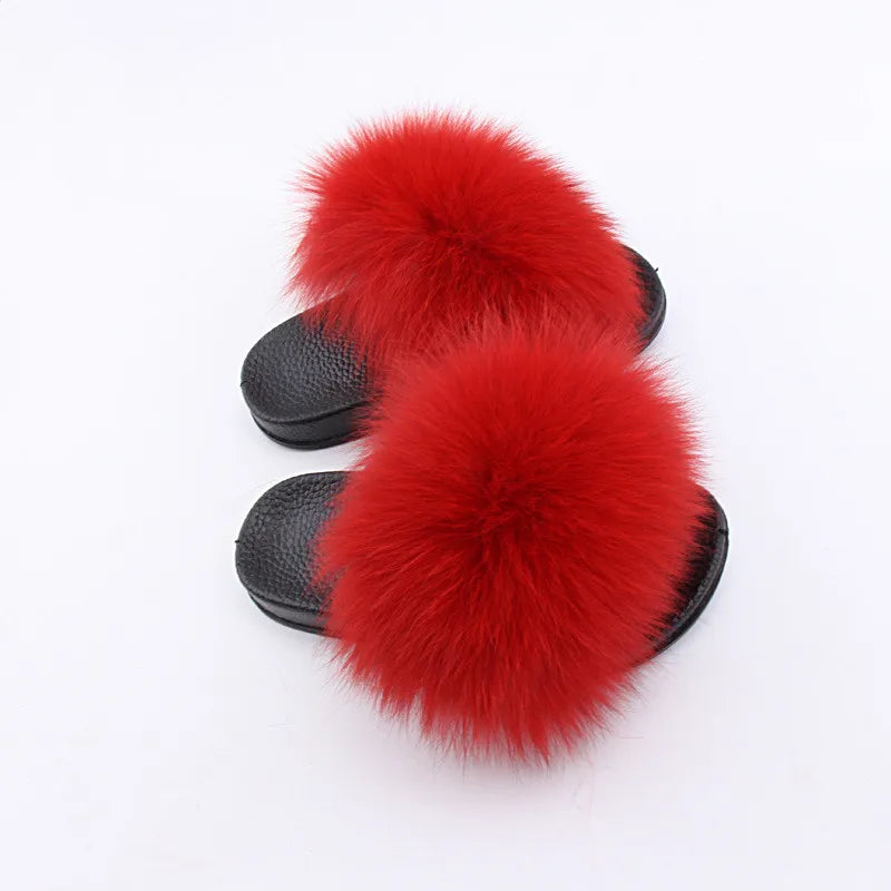 2020  Kids Real Fox Slippers Raccoon Slides Chinelos Menina Slippers Toddler Baby Girls Shoes fox fur slides fur slides for kids