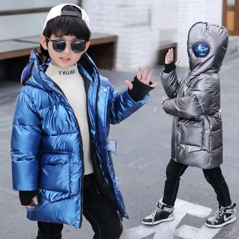 Boys Jacket New Winter Warm Cotton Down Parker Children Glasses Hooded Jacket Coat Length Handsome Kids Bright Clothing HPY203