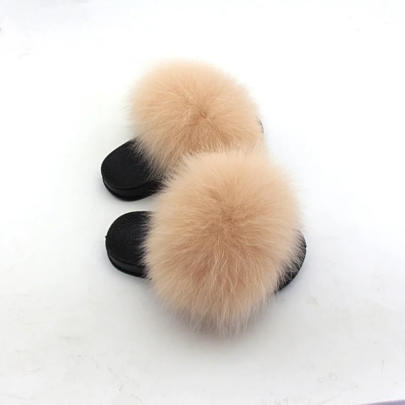 2020  Kids Real Fox Slippers Raccoon Slides Chinelos Menina Slippers Toddler Baby Girls Shoes fox fur slides fur slides for kids