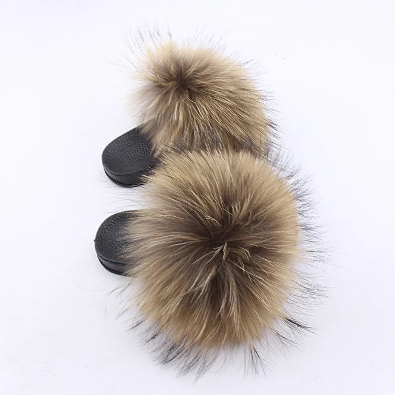 2020  Kids Real Fox Slippers Raccoon Slides Chinelos Menina Slippers Toddler Baby Girls Shoes fox fur slides fur slides for kids