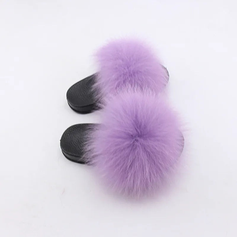 2020  Kids Real Fox Slippers Raccoon Slides Chinelos Menina Slippers Toddler Baby Girls Shoes fox fur slides fur slides for kids