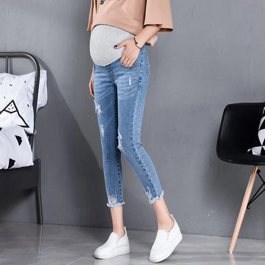 7/10 Stretch Denim Maternity Jeans Spring Summer Waist Support Belly Pencil Pants for Pregnant Women Ripped Hole Slim Pregnancy