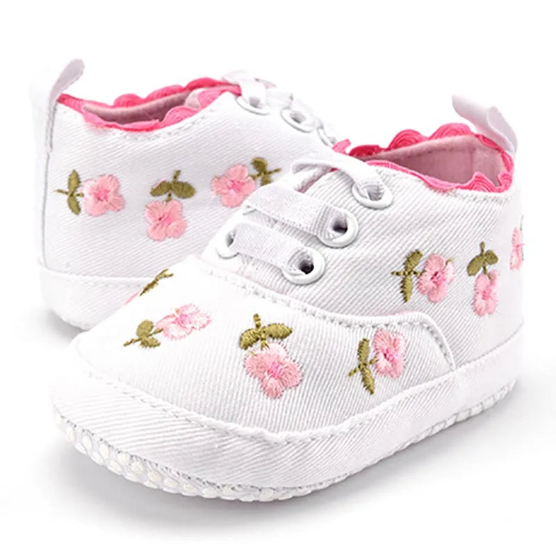 Baby Girls Shoes White Pink Floral Embroidered Soft Soles Shoes Prewalker Walking Toddler Casual Kids Shoes For Dropshipping