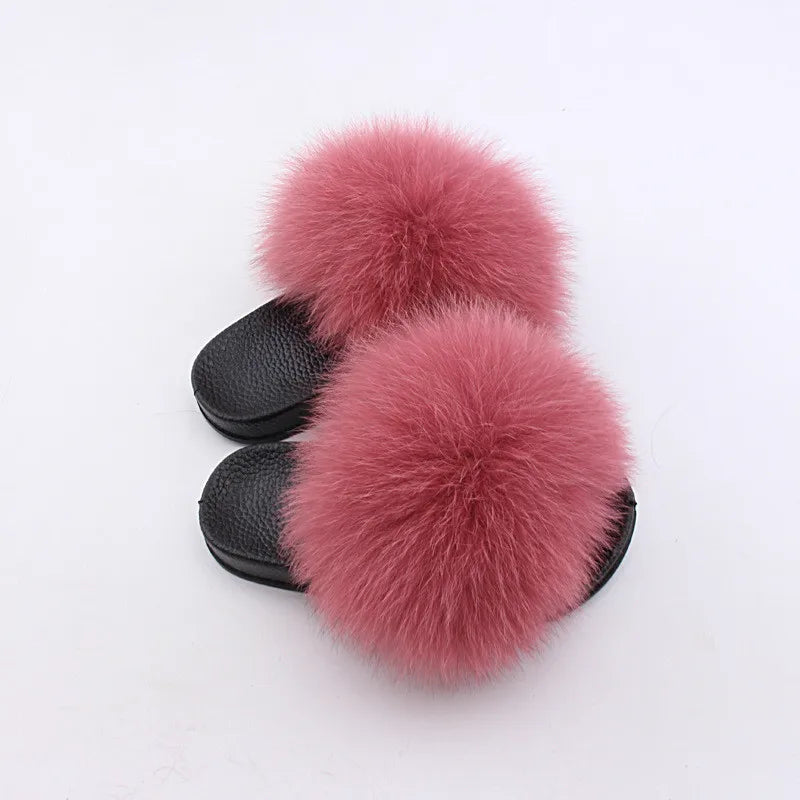 2020  Kids Real Fox Slippers Raccoon Slides Chinelos Menina Slippers Toddler Baby Girls Shoes fox fur slides fur slides for kids