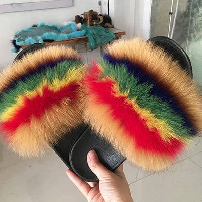 2020  Kids Real Fox Slippers Raccoon Slides Chinelos Menina Slippers Toddler Baby Girls Shoes fox fur slides fur slides for kids