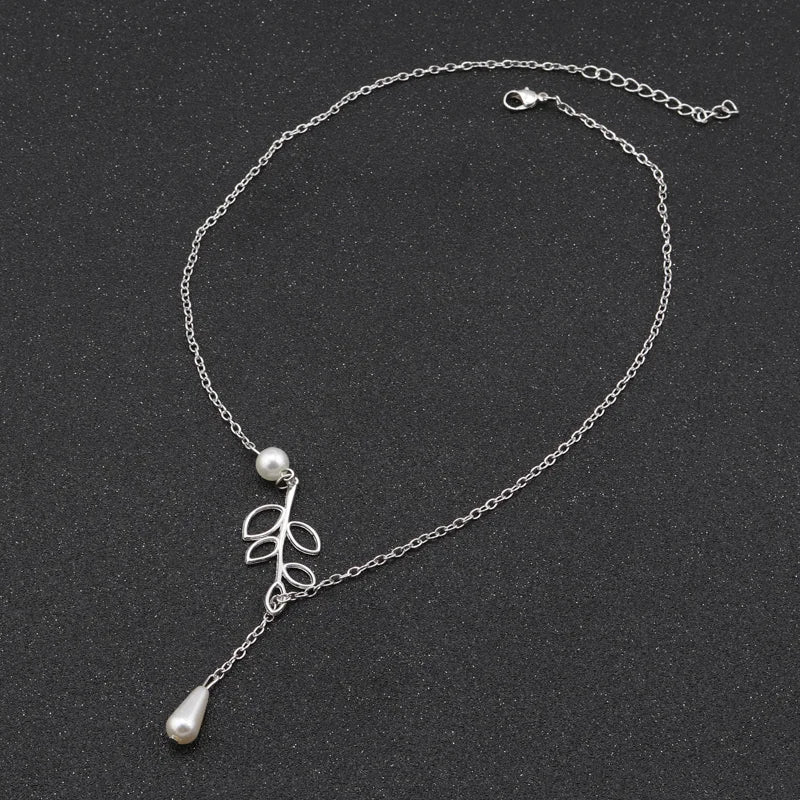 Aihua Hot Sale Silver Color Big Leaf Simulated Pearl Water Droplets Necklaces & Pendants for Women Jewelry Accessories Collier