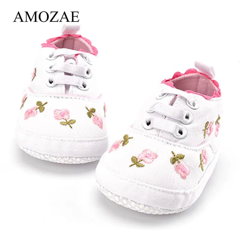 Baby Girls Shoes White Pink Floral Embroidered Soft Soles Shoes Prewalker Walking Toddler Casual Kids Shoes For Dropshipping