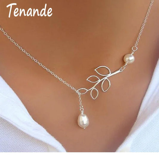 Aihua Hot Sale Silver Color Big Leaf Simulated Pearl Water Droplets Necklaces & Pendants for Women Jewelry Accessories Collier