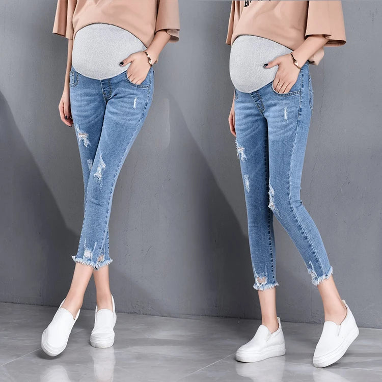 7/10 Stretch Denim Maternity Jeans Spring Summer Waist Support Belly Pencil Pants for Pregnant Women Ripped Hole Slim Pregnancy