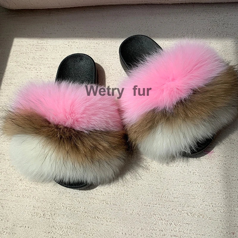 2020  Kids Real Fox Slippers Raccoon Slides Chinelos Menina Slippers Toddler Baby Girls Shoes fox fur slides fur slides for kids