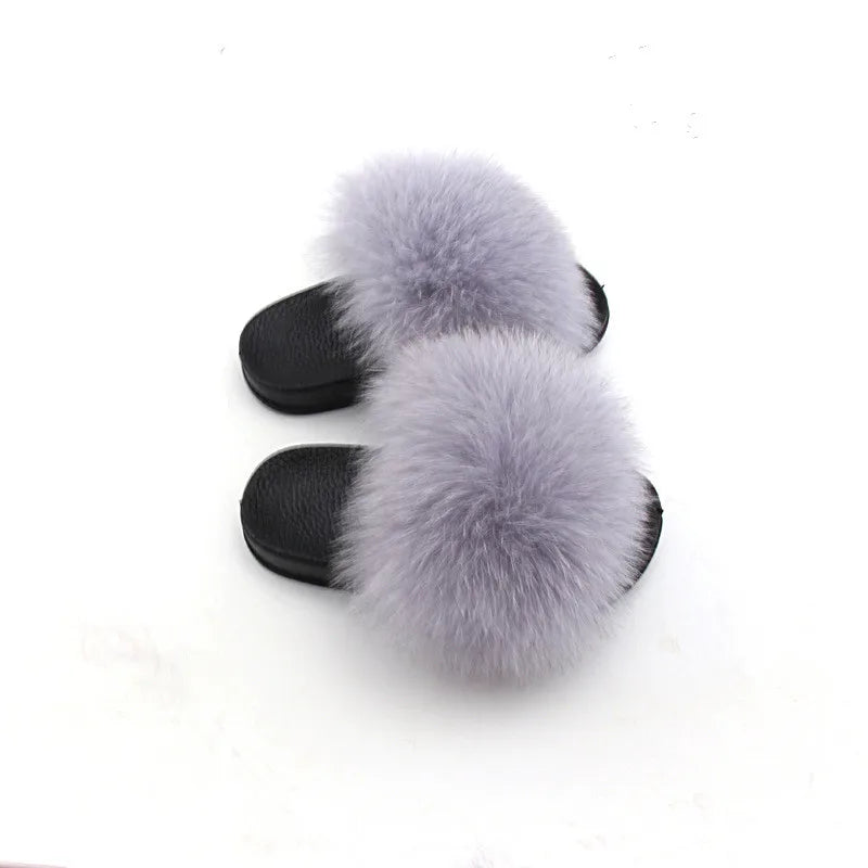 2020  Kids Real Fox Slippers Raccoon Slides Chinelos Menina Slippers Toddler Baby Girls Shoes fox fur slides fur slides for kids