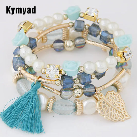 Kymyad Fashion Design Girl Jewelry Handmade Bracelets Sets For Women Glass Beads Charm Gold Color Bracelet Vintage Boho Jewlery