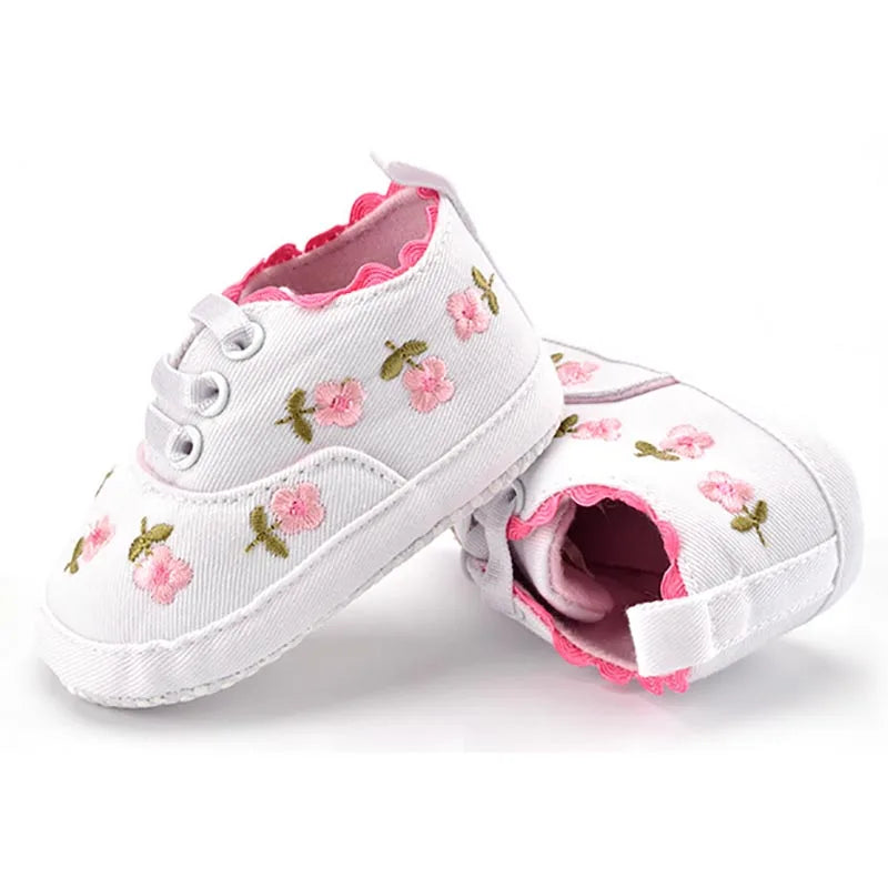 Baby Girls Shoes White Pink Floral Embroidered Soft Soles Shoes Prewalker Walking Toddler Casual Kids Shoes For Dropshipping