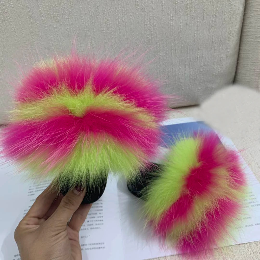 2020  Kids Real Fox Slippers Raccoon Slides Chinelos Menina Slippers Toddler Baby Girls Shoes fox fur slides fur slides for kids