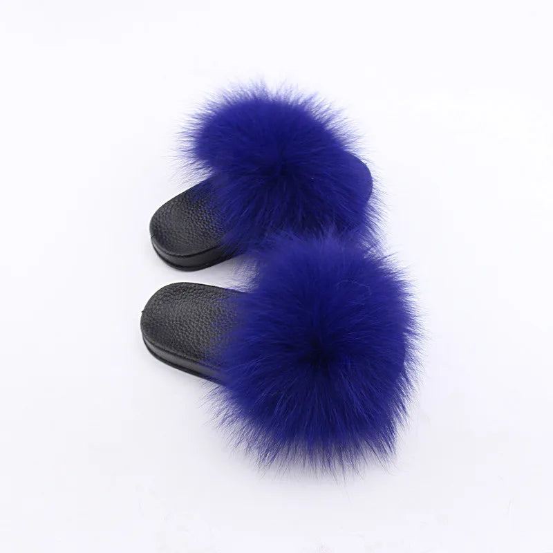 2020  Kids Real Fox Slippers Raccoon Slides Chinelos Menina Slippers Toddler Baby Girls Shoes fox fur slides fur slides for kids