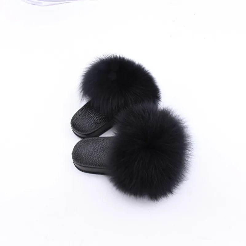 2020  Kids Real Fox Slippers Raccoon Slides Chinelos Menina Slippers Toddler Baby Girls Shoes fox fur slides fur slides for kids