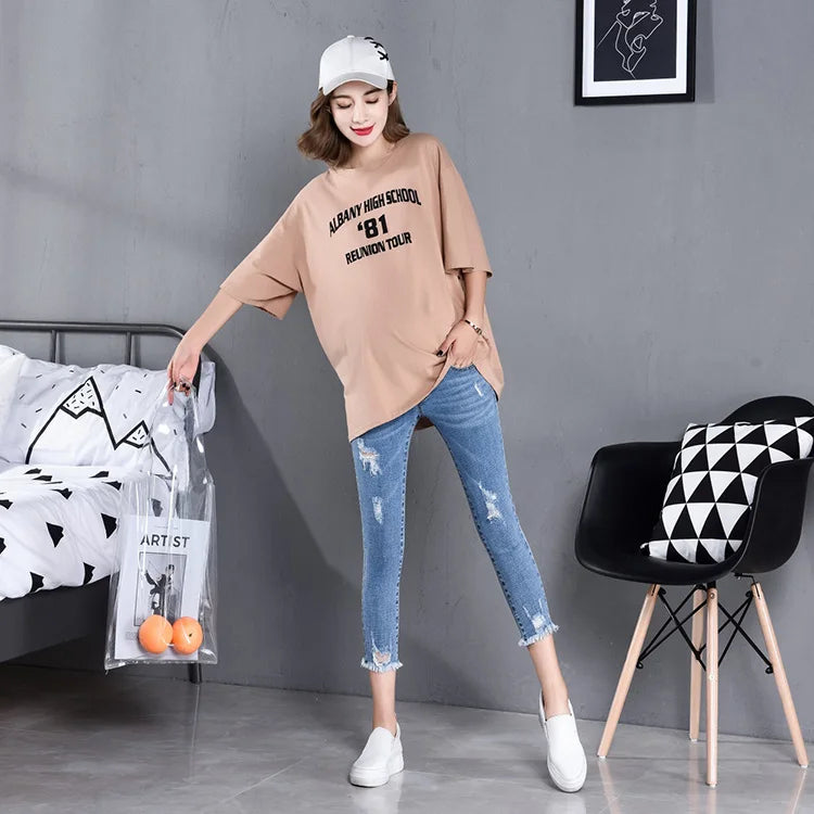 7/10 Stretch Denim Maternity Jeans Spring Summer Waist Support Belly Pencil Pants for Pregnant Women Ripped Hole Slim Pregnancy