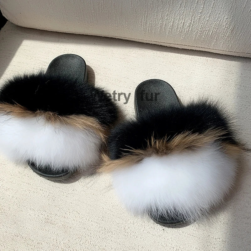 2020  Kids Real Fox Slippers Raccoon Slides Chinelos Menina Slippers Toddler Baby Girls Shoes fox fur slides fur slides for kids