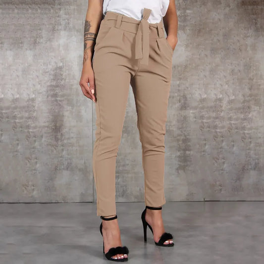 New High Waist Solid Pants Women Summer Casual Lace Up Harem Pants Female Loose Pockets Classic OL Trousers Slim Pants Chic 2022