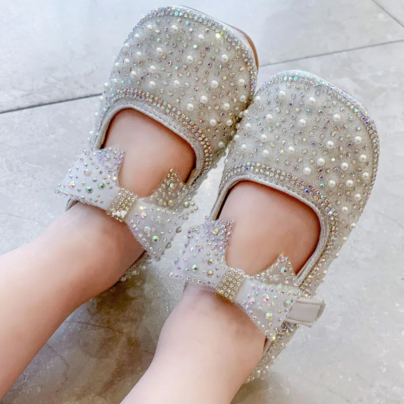 Spring New Girls Single Princess Shoes Pearl Shallow Children's Comfortable Flat Shoes Kid Baby Rhinestone Bowknot Shoes B207