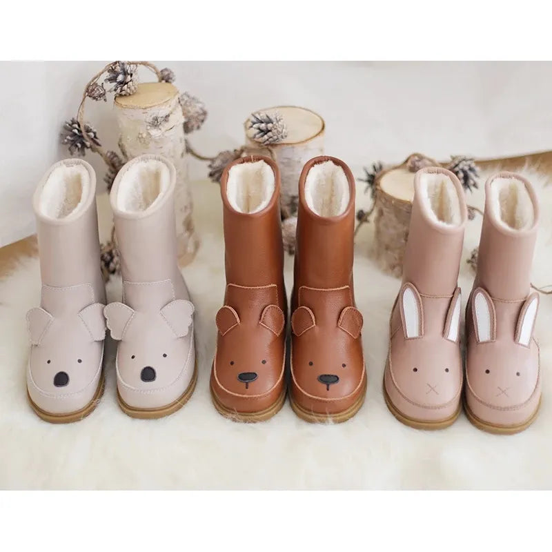 Little monkey Cartoon Animals Children snow boots Genuine Leather rabbit kids shoes winter Warm Plush Girls Cute sneakers Boy's