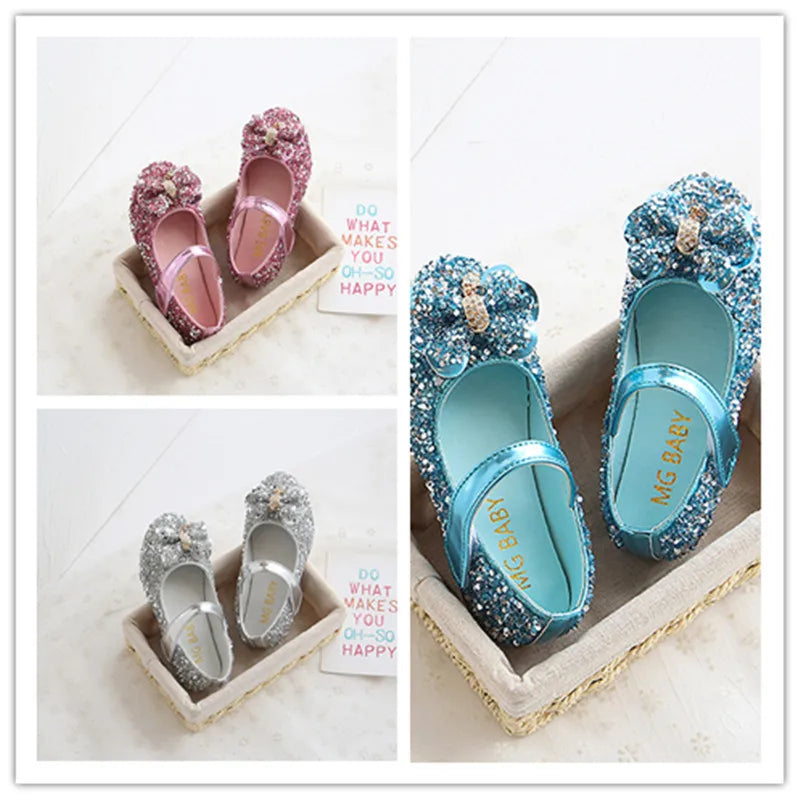 Fashion Girls Shoes Kids Flats Shoes Sequins Rhinestone Princess With Butterfly-Knot Flats Shoes For Students New Autumn 2022