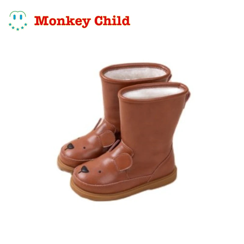 Little monkey Cartoon Animals Children snow boots Genuine Leather rabbit kids shoes winter Warm Plush Girls Cute sneakers Boy's